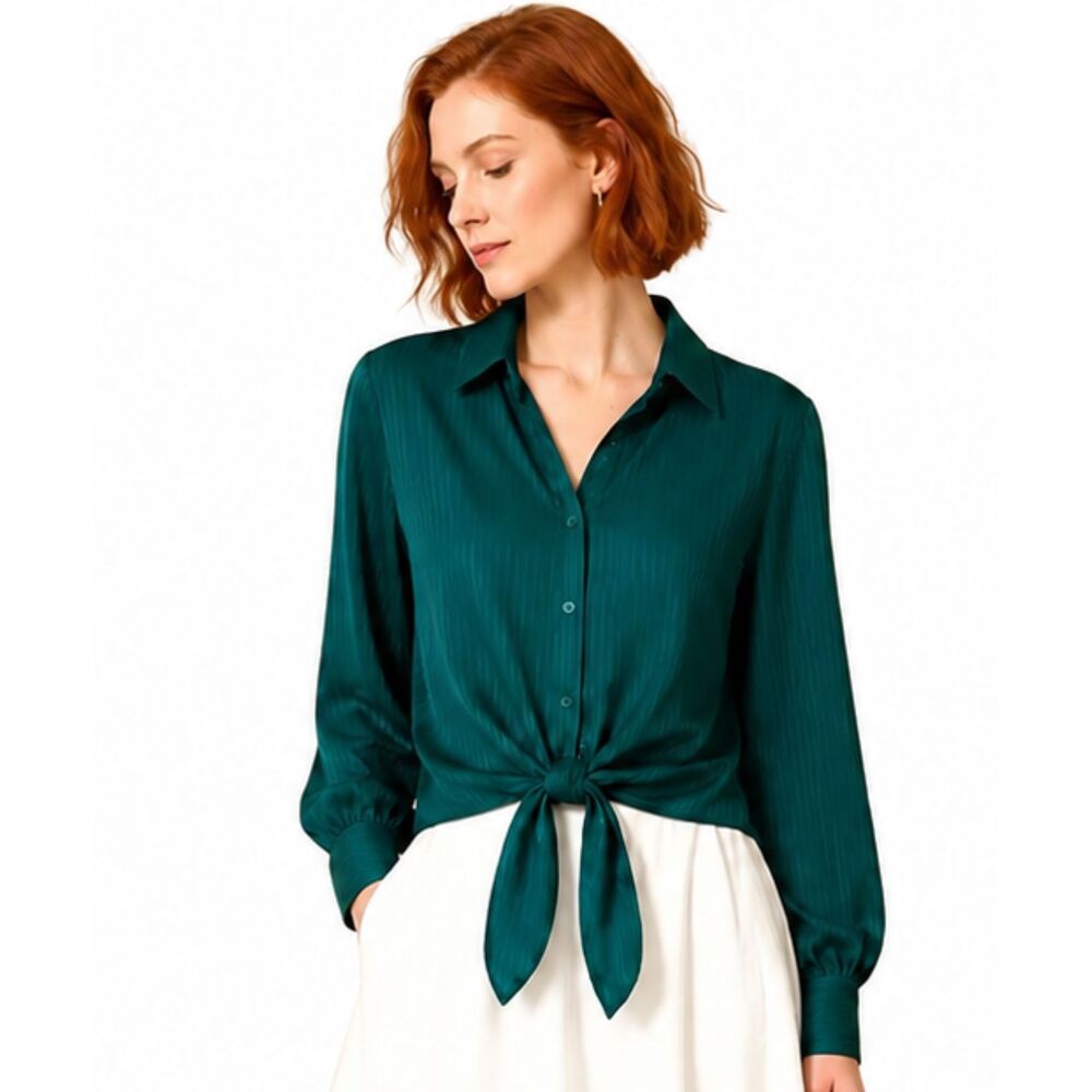 New Gigio Size M 8 10 Emerald Green Tie Front Smocked Shoulder Blouse Top